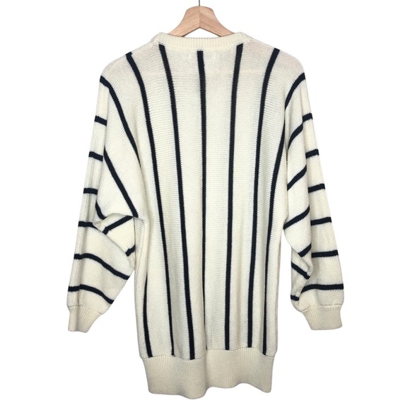VINTAGE 80s Partners by Mervyns Cream Black Stripe Crewneck Tunic Sweater Medium - Picture 7 of 7